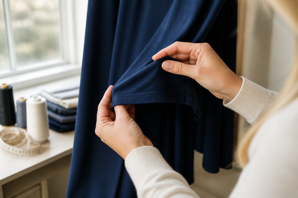 Close-up of a woman's hands examining the reinforced stitching along the hem of a long maxi dress in natural window light