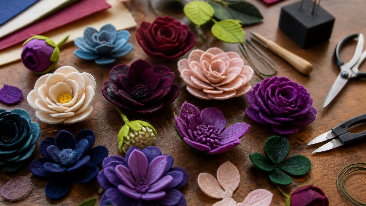 Close-up of individual hand-cut Merino wool felt flowers in vibrant jewel tones and pastels in various stages of assembly, showing layered petals and realistic texture details arranged on a wooden work surface with crafting tools nearby