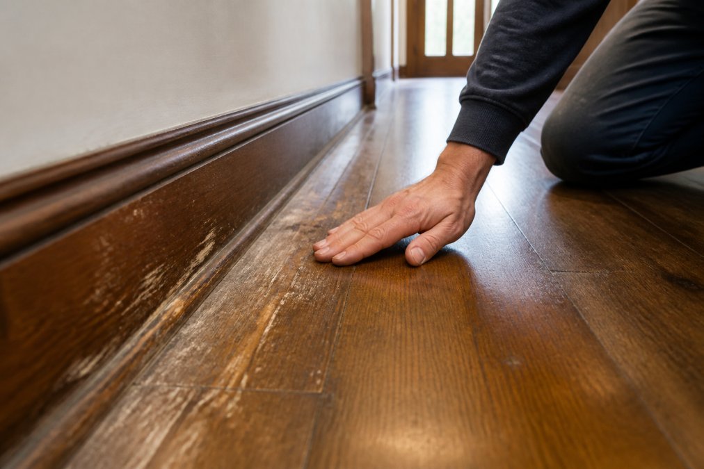 Close-up of a hand running across a scuffed wooden hallway floor and skirting board, showing worn patches next to a well-finished area, natural daylight from a front door