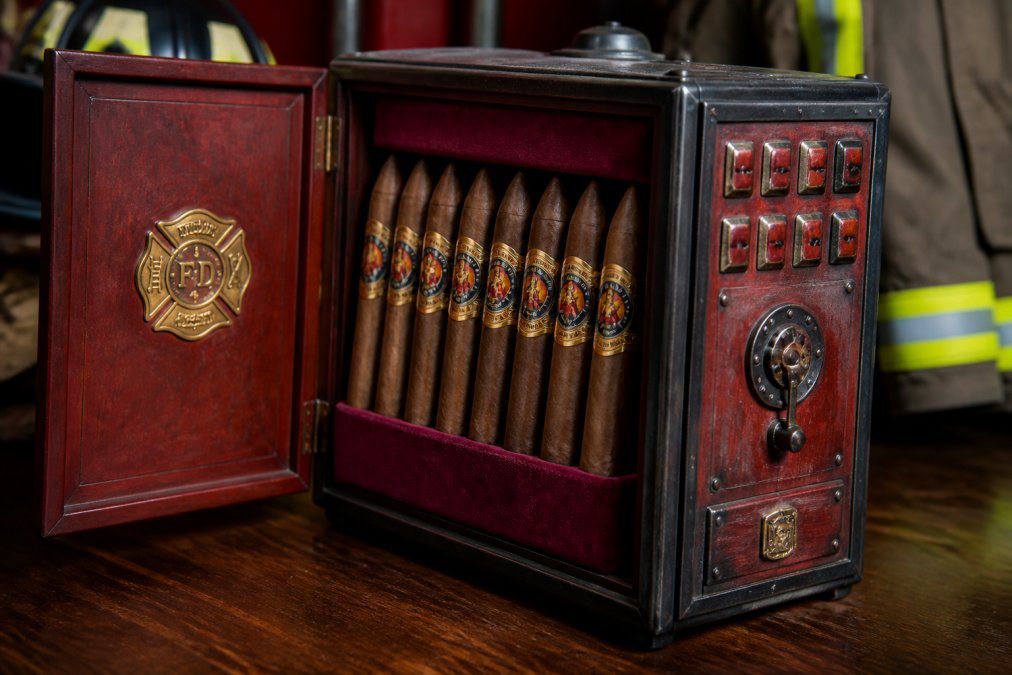Close-up of a handcrafted firefighter-themed cigar box styled like a vintage call box, open to reveal 12 premium cigars arranged inside on dark red velvet, placed on a dark walnut surface with warm directional lighting