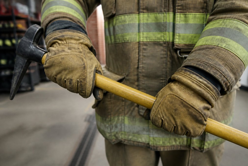 Diagram showing durability features of firefighter work gloves during a pike pole training exercise