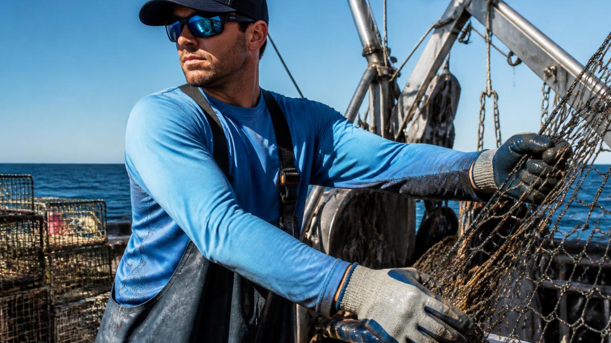 Commercial fisherman on working vessel wearing moisture-wicking long-sleeve performance shirt, handling nets and equipment in bright sunlight during active shift