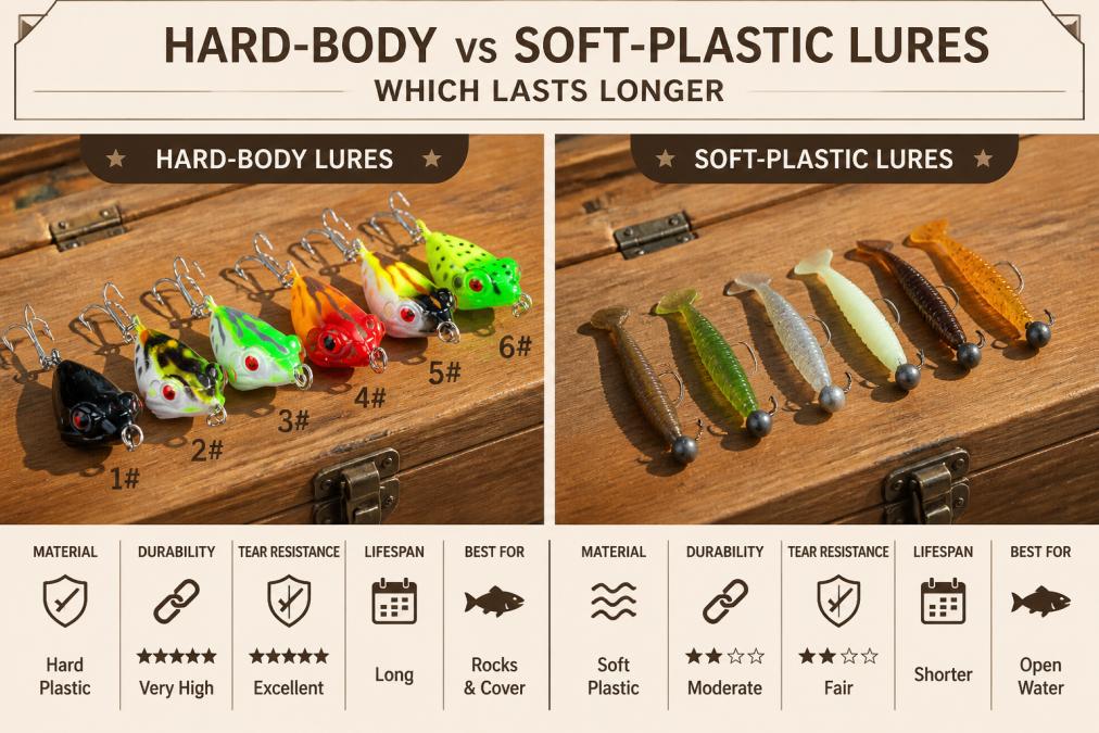 Close-up of hard-body and soft-plastic fishing lures laid out side by side on a wooden tackle box, showing texture and construction details with natural sunlight