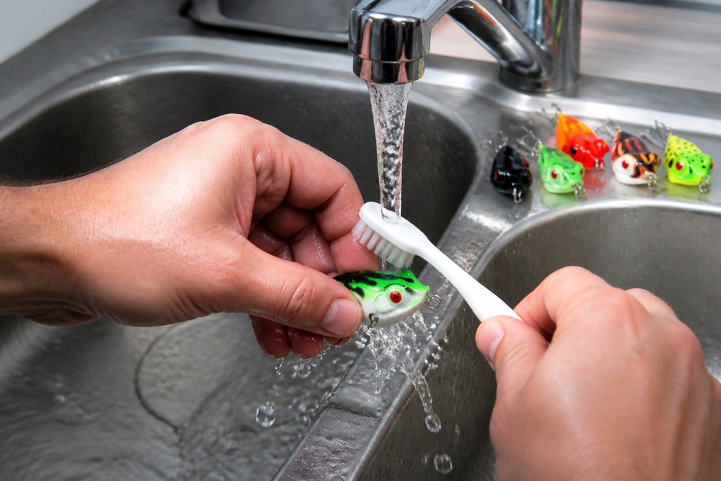 Hands rinsing a fishing lure under fresh water with a soft brush, demonstrating proper cleaning technique over a sink
