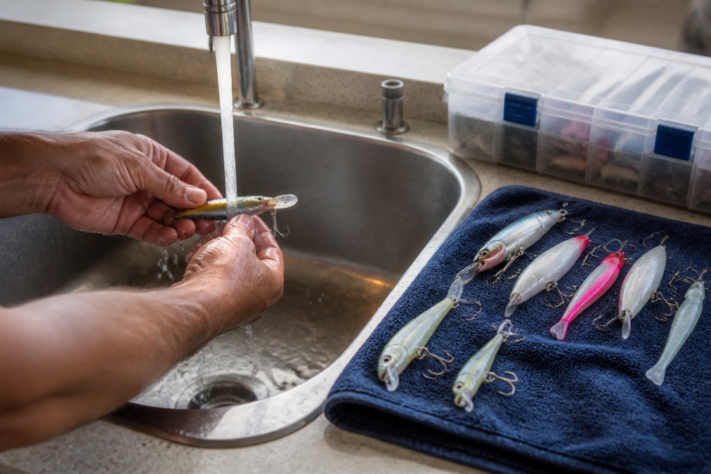 Angler rinsing fishing lures under fresh water at a sink with lures displayed on a clean towel nearby, showing the maintenance routine