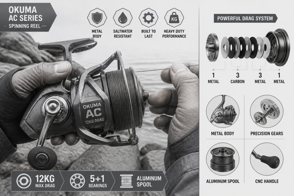 Close-up of angler's hands holding a metal spinning reel and braided fishing line over rocky water, showing the durability and construction details of the reel body and drag system