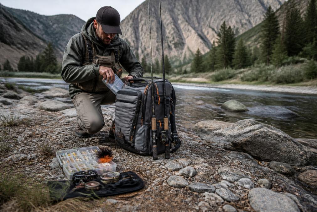 Angler packing a waterproof fishing tackle backpack with rod holders and tackle boxes on a riverbank, preparing for a backcountry trip with rocky terrain in the background