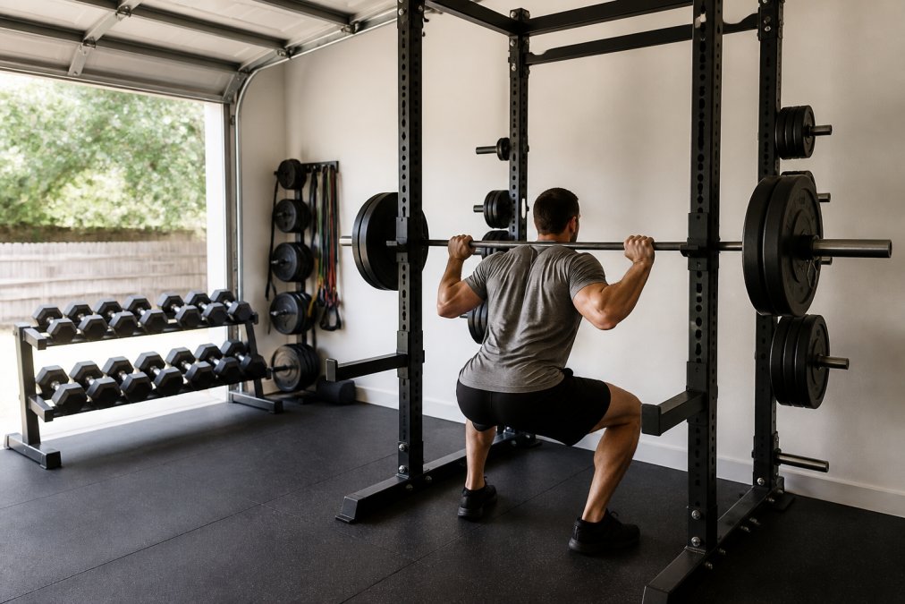 Home gym setup in a bright garage featuring a sturdy power rack with safety arms, a person performing a barbell squat with proper form, dumbbells visible on a rack, and rubber gym flooring