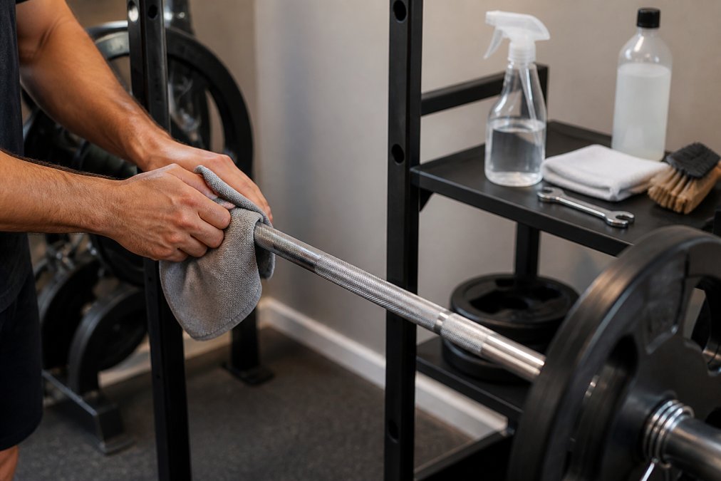 Close-up of hands carefully wiping down a barbell with a microfiber cloth, with cleaning supplies including spray bottle and maintenance tools arranged on a nearby shelf, showing proper equipment care technique