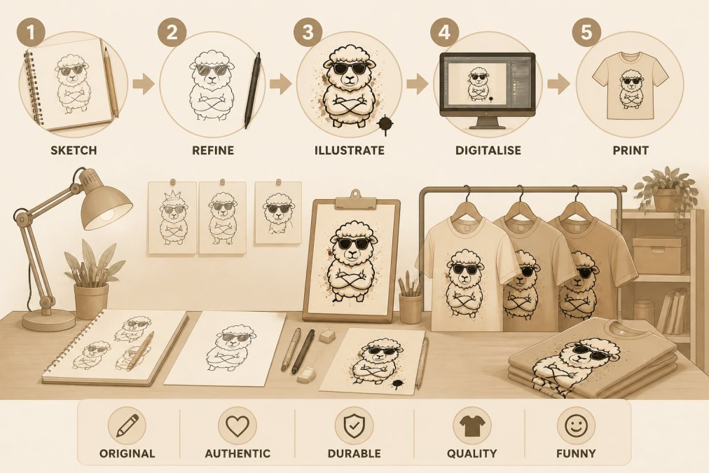 Designer's workspace showing hand-drawn sketches, original artwork, and finished durable funny graphic tees displayed together, showcasing the artistic creation process with natural studio lighting