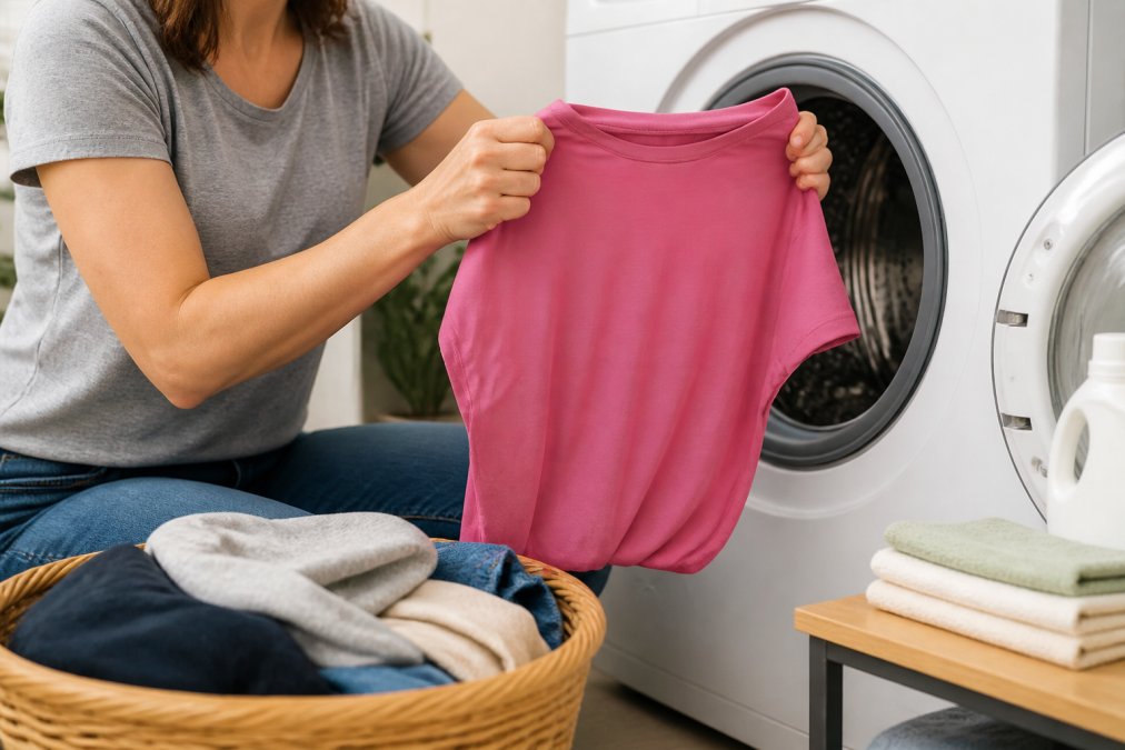 Person carefully turning a graphic t-shirt inside out before placing it in a washing machine, demonstrating proper care technique