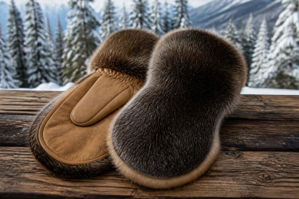 Close-up of a pair of beaver fur mittens with a full-grain elk leather palm, resting on a wooden table with snow-covered pine trees blurred in the background