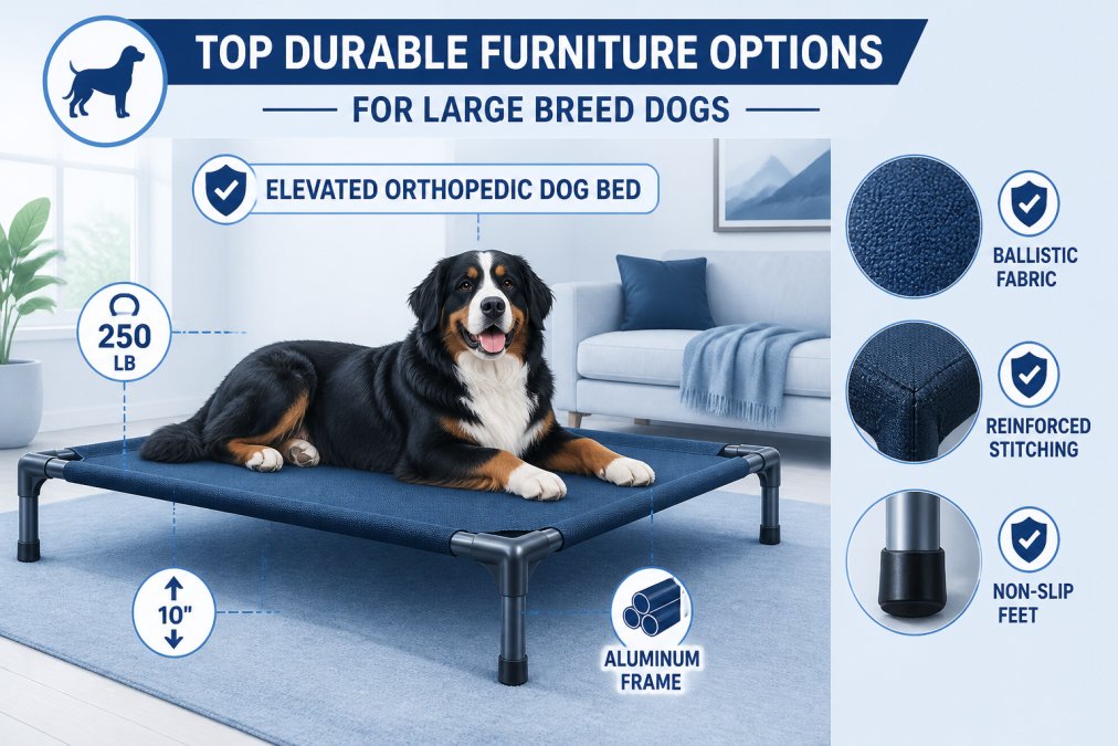 Large breed dog resting on an elevated orthopedic dog bed with visible military-grade ballistic fabric in a bright living room setting, showing the bed's sturdy aluminum frame and the dog's comfortable posture