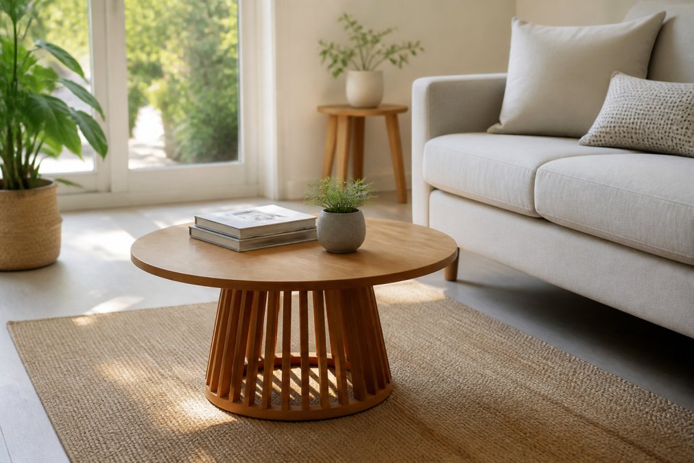 A solid teak round coffee table with a tapered pedestal base in a compact, light-filled living room, styled with a small sofa and a few books, showing the slatted base letting light through
