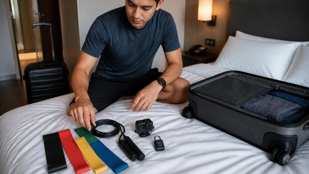 A traveler in a hotel room laying out compact fitness gear on a bed: resistance bands, a jump rope, a small camera, and a padlock, with a carry-on suitcase open beside them