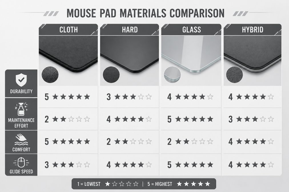 Comparison matrix evaluating durability and performance across cloth, hard, glass, and hybrid mouse pad materials.