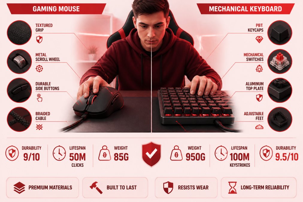 Professional gamer examining a high-quality gaming mouse and mechanical keyboard side by side, showing ergonomic design and material construction with natural desk lighting