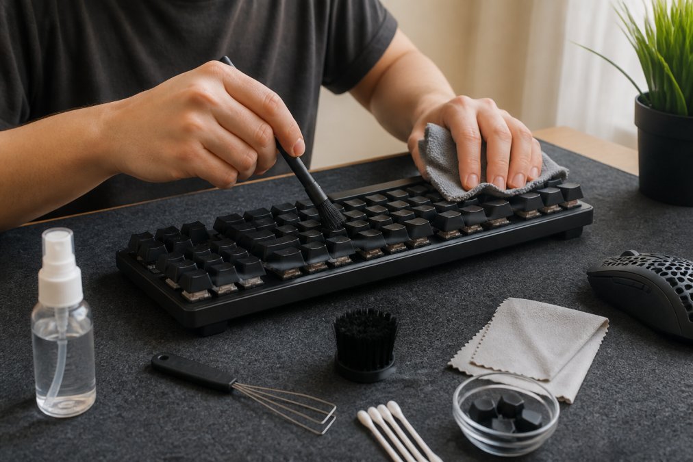 Gamer carefully cleaning a mechanical keyboard with a small soft brush and microfiber cloth on a desk workspace, demonstrating proper maintenance technique with natural lighting