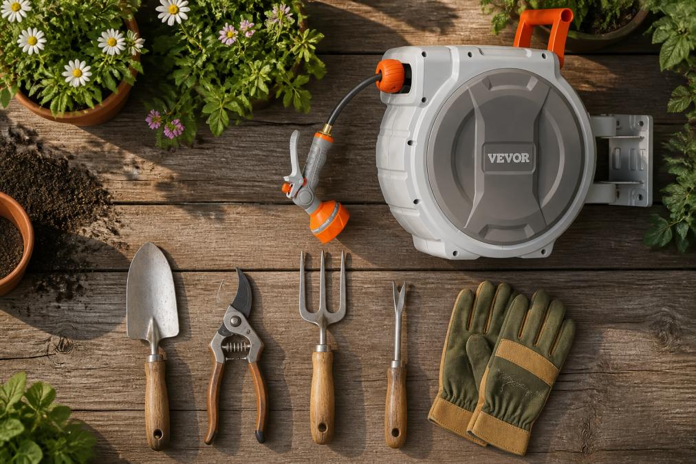 Overhead flat-lay of essential hand tools arranged on a wooden surface: trowel, pruners, garden fork, weeder, and gloves with soil and plants in background