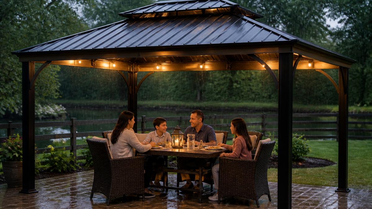 Family enjoying dinner under a hardtop gazebo during light rain, showing the dry shelter and ventilated double roof design in action