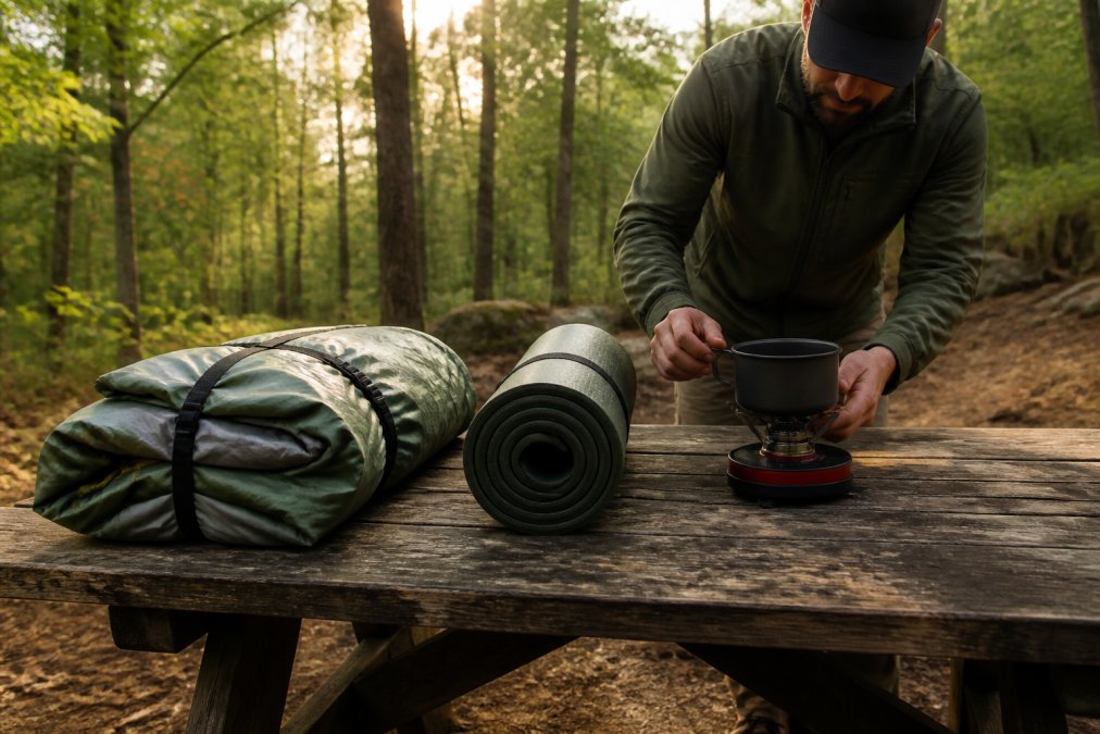 A casual camper organizing durable camping gear including a folded tent, rolled sleeping pad, and portable stove on a wooden picnic table at a forest campsite in late afternoon light