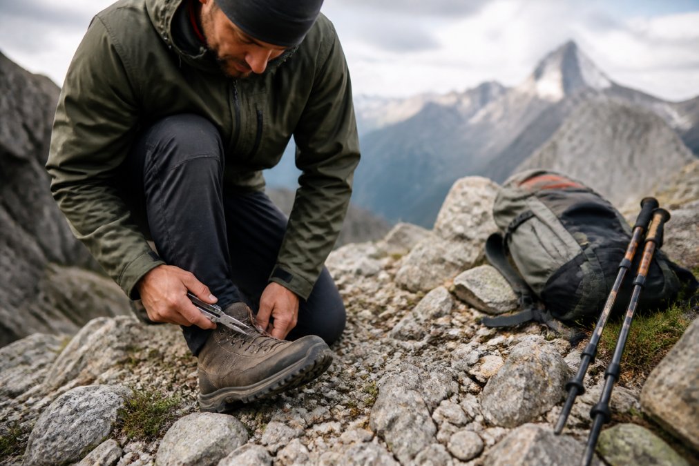 A hiker kneeling on a rocky off-trail ridge, inspecting the abrasion-resistant nubuck upper of a hiking boot with a multi-tool in hand, backpack and trekking poles resting on the rocks nearby