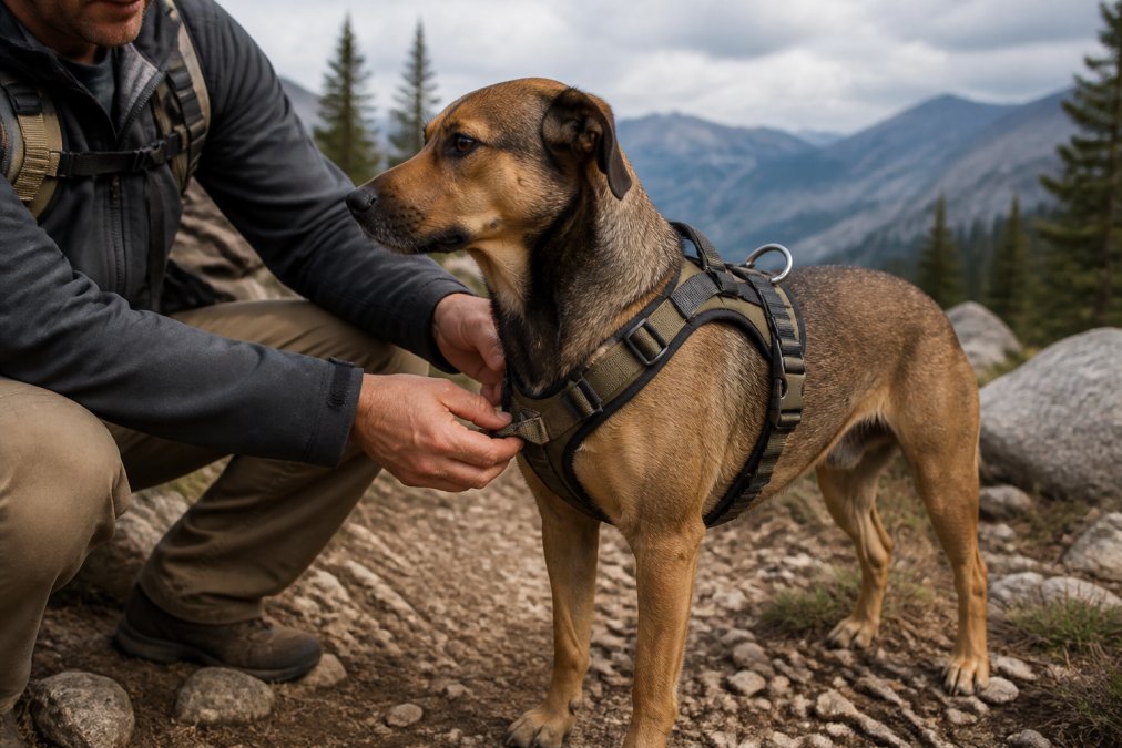 A medium-sized working dog wearing a padded harness standing on a rocky trail with a handler adjusting the chest strap; close enough to see the webbing, stitching, and metal hardware