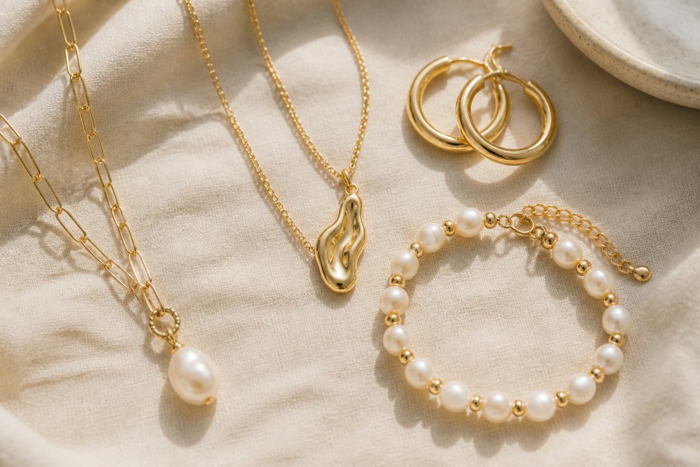 Close-up flat lay of elegant gold-plated necklaces, hoop earrings and a freshwater pearl bracelet arranged on a soft cream linen fabric surface in warm natural daylight