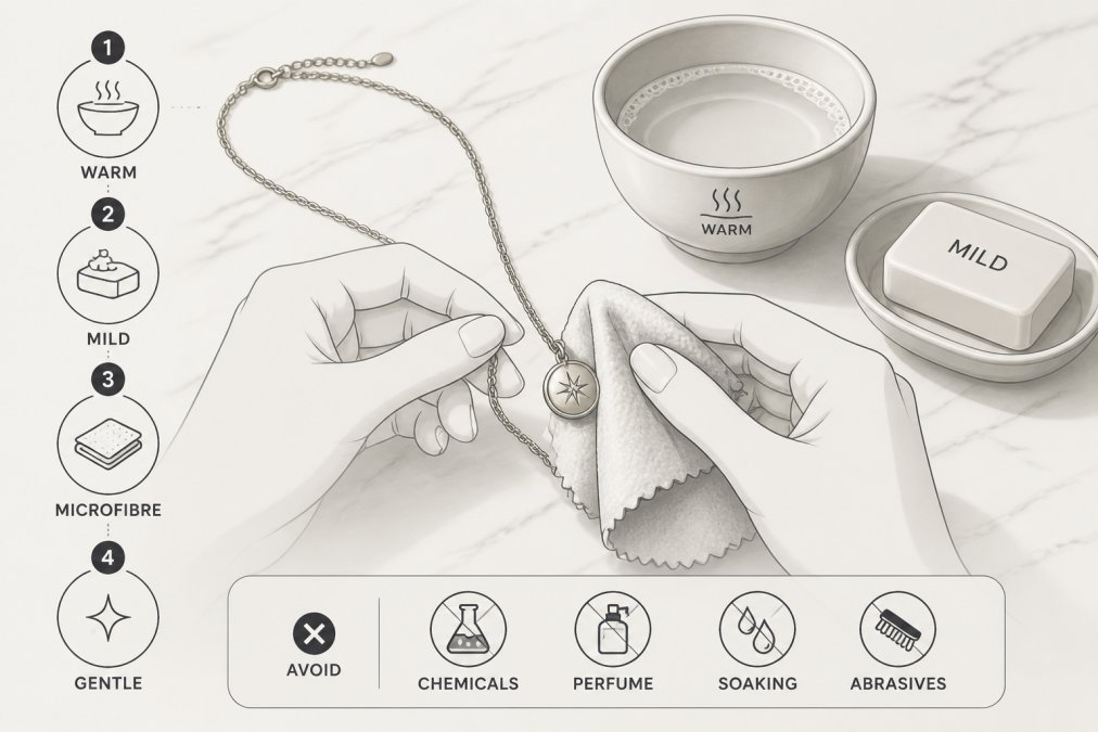 Hands gently cleaning a gold-plated necklace with a soft microfibre cloth on a white marble surface, a small ceramic bowl of warm water and a bar of mild soap visible nearby in soft natural light
