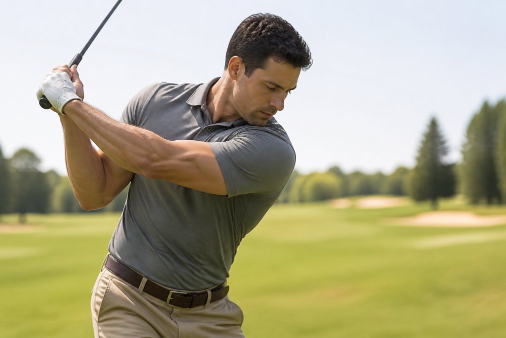 Golfer in athletic stance mid-swing wearing a well-fitted polo shirt in neutral tone, showing full range of motion through the shoulders with unrestricted movement and visible comfort, photographed outdoors on golf course in natural daylight