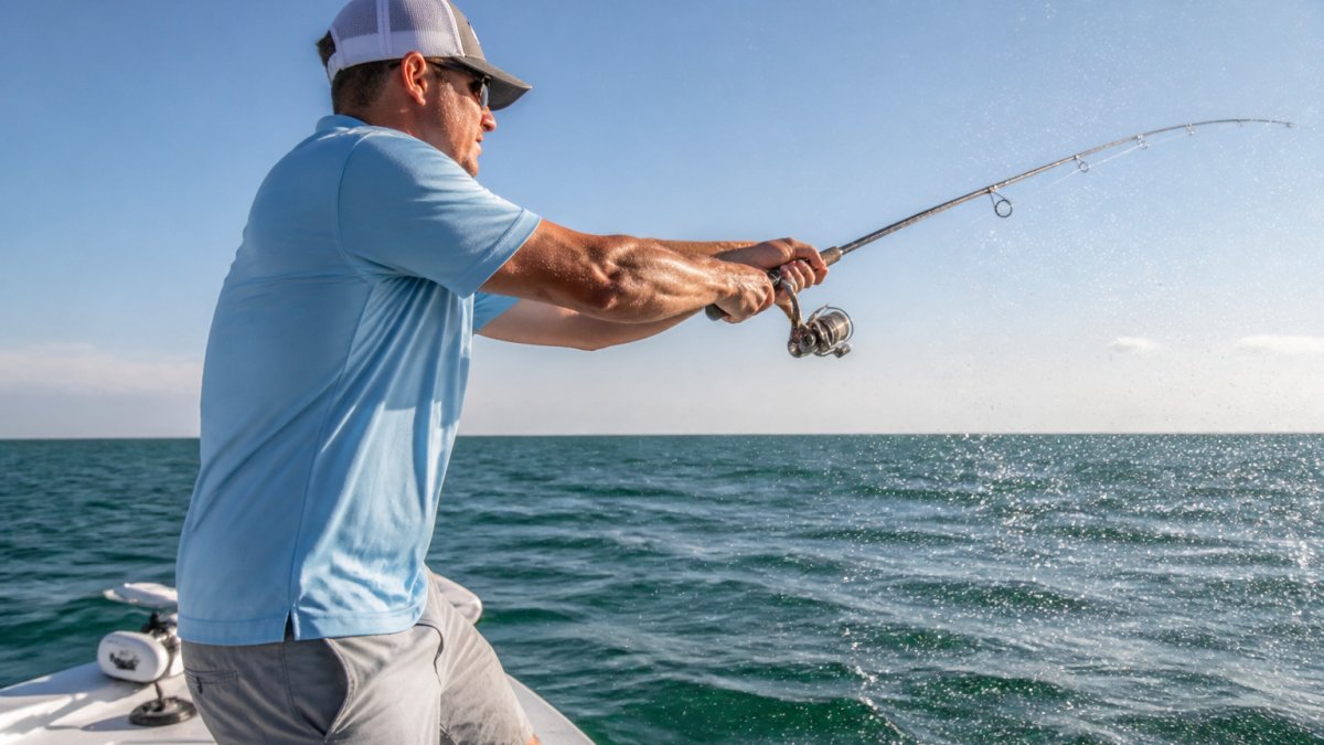 Infographic comparing fabric performance of durable golf shirts for fishing in saltwater versus freshwater environments.