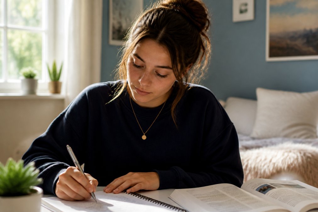 A young woman wearing a delicate gold necklace while studying at a desk in natural sunlight, the jewelry catching light as she moves her head, showing everyday wear in a modern bedroom setting