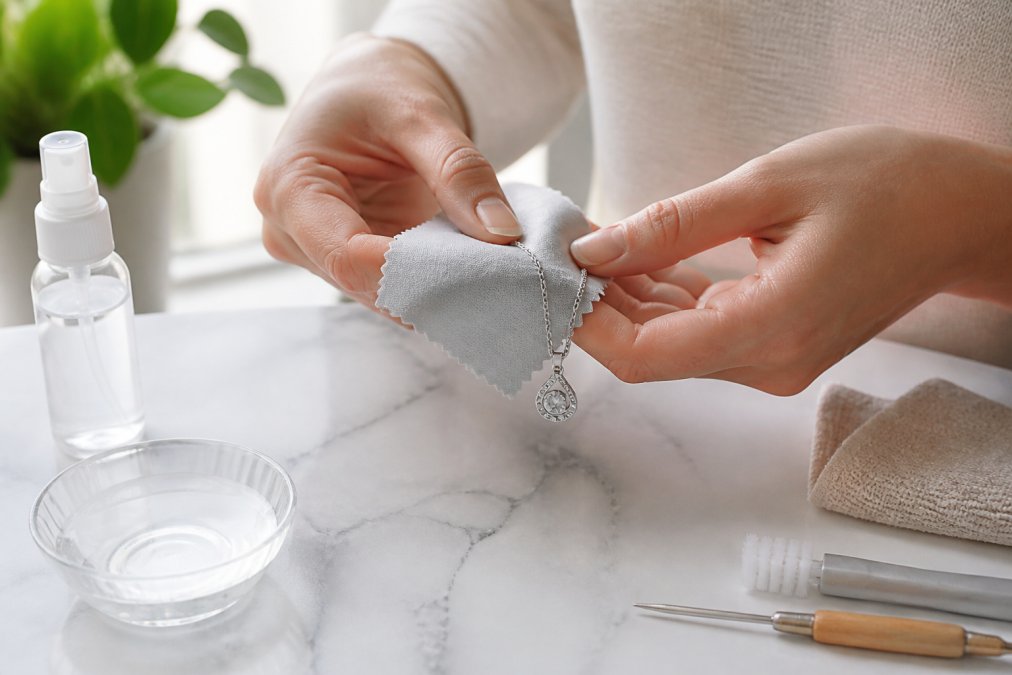 Hands gently cleaning a sterling silver necklace with a soft microfiber cloth and specialized jewelry cleaner in a bright, clean workspace with natural lighting