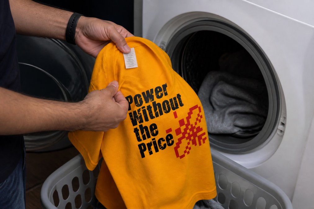 Close-up of hands turning a graphic t-shirt inside out before placing it into a washing machine, showing care label and vibrant screen printed graphic on the fabric