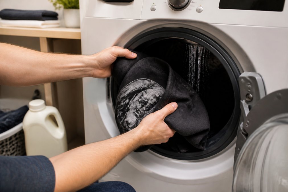Close-up of hands placing a graphic t-shirt inside-out into a washing machine, with cold water running and a bottle of mild detergent visible nearby
