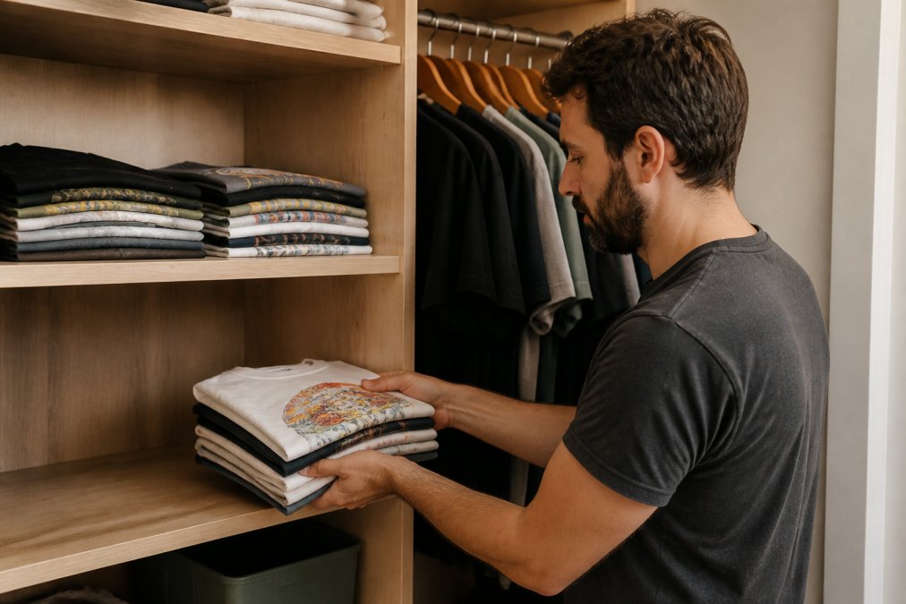 Neatly folded graphic t-shirts stacked on a shelf in a cool, dry closet away from direct sunlight, with a few hanging on wooden hangers