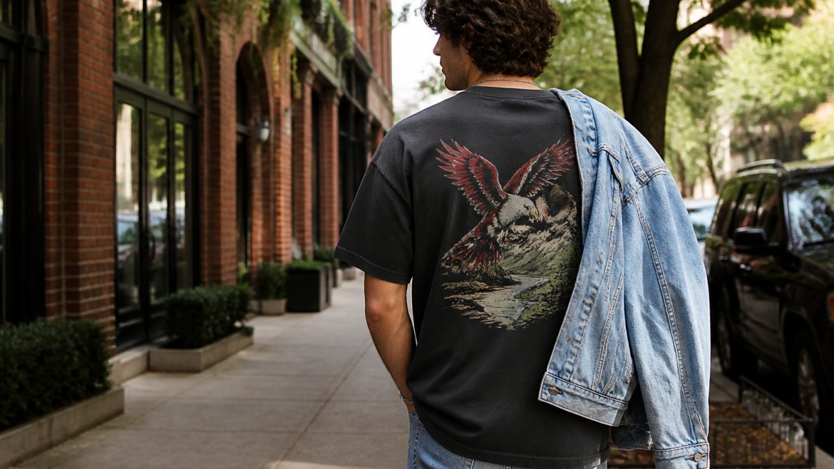 A young adult wearing a heavyweight cotton graphic tee with a large back print, standing casually on a city sidewalk in daylight, denim jacket over one shoulder