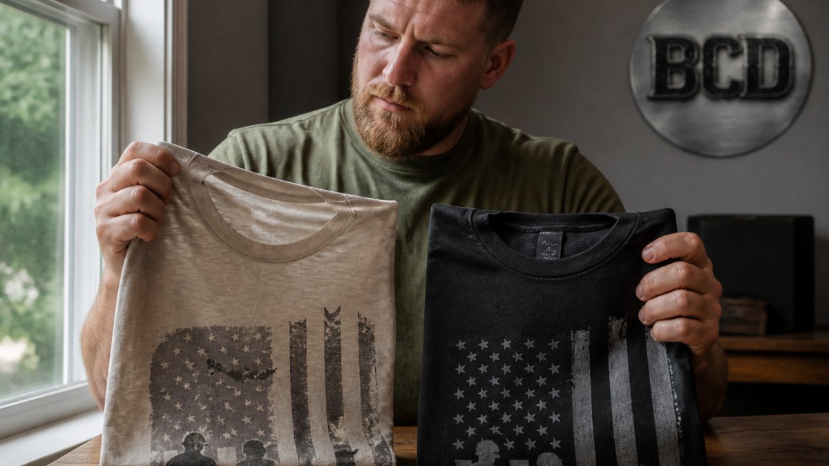 A person holding two folded graphic t-shirts side by side, one thin and slightly see-through, one thick and opaque, on a wooden table in natural window light
