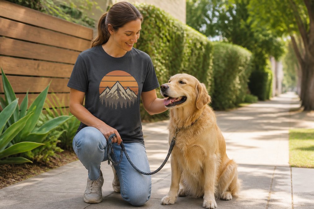 A woman in a casual graphic tee kneeling beside her golden retriever on a sunny sidewalk, one hand on the leash, showing the shirt holding its shape and print after everyday wear