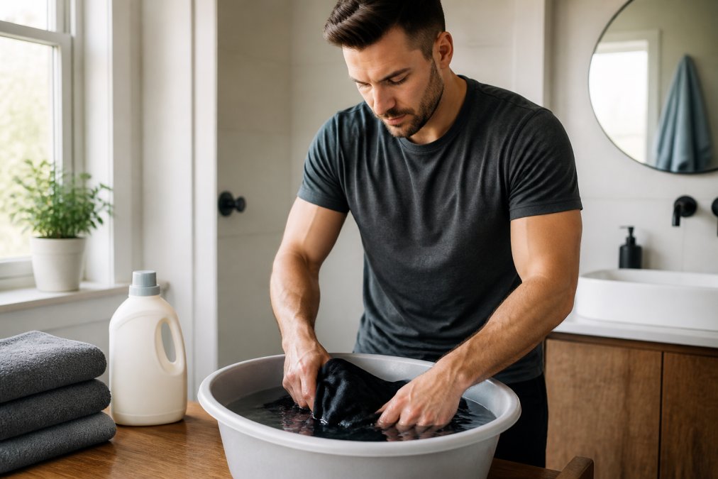 Man carefully washing a graphic tee by hand in cool water, demonstrating gentle care technique in a modern bathroom with natural lighting