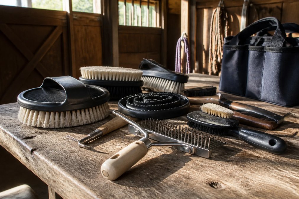 Organized grooming tools laid out on a weathered barn workbench, including stainless steel brushes, curry combs, hoof picks, detangling brushes, and shedding rakes with natural sunlight streaming through barn windows