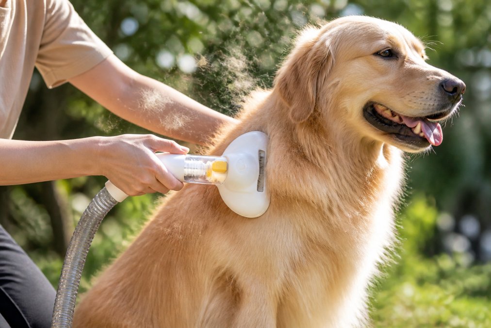 Dog owner using an undercoat rake on a golden-colored thick-coated dog outdoors, demonstrating proper technique with the rake at a 45-degree angle to the skin, sunlight illuminating the loose fur being removed