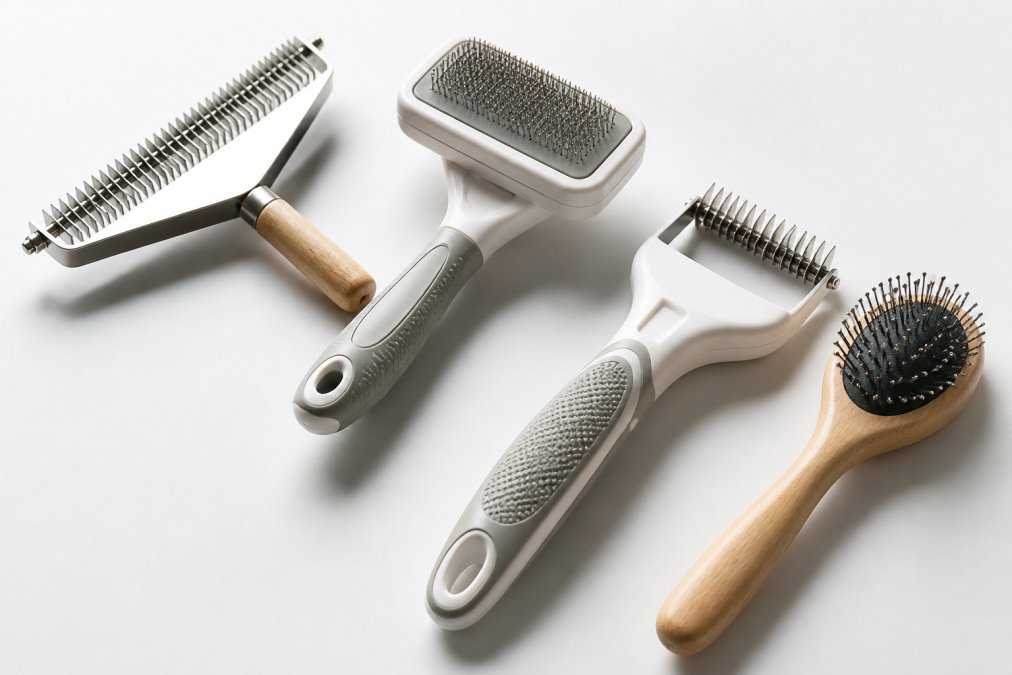 Close-up of professional-grade grooming tools arranged on a clean white surface, showing a stainless steel undercoat rake, slicker brush with ergonomic handle, dematting tool with fine teeth, and pin brush with wooden handle, natural lighting highlighting the metal and bristle quality