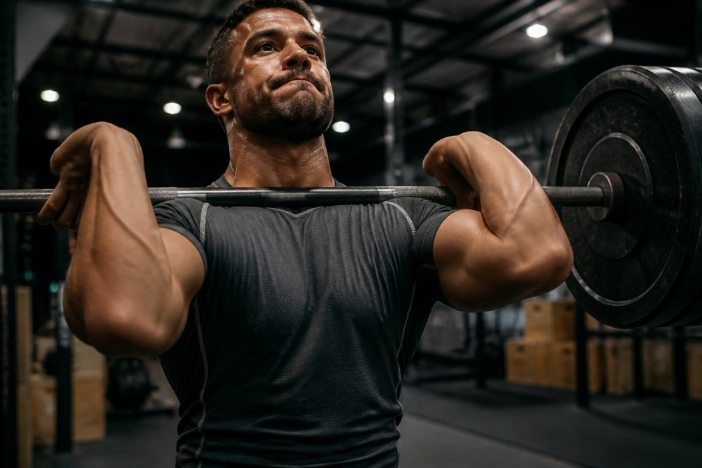 A weightlifter wearing a moisture-wicking athletic shirt with visible reinforced stitching and flatlock seams, mid-lift in a gym environment with overhead lighting