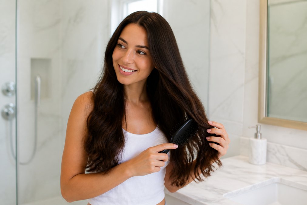 A woman with long, voluminous dark brown hair styled with clip-in extensions, brushing her hair in a brightly lit bathroom with a marble countertop, showing natural movement and shine