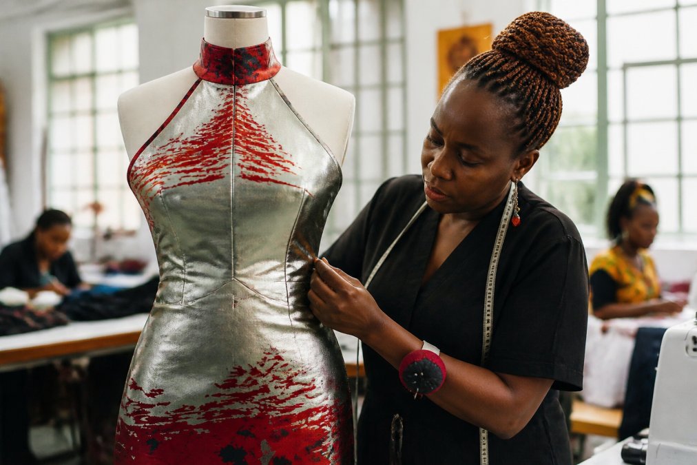Female artisan carefully handcrafting a formal dress in a bright workshop space, working with precision on fabric details, embellishments, and seams with natural daylight streaming through windows