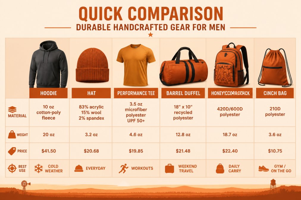 Comparison matrix of TXMRB gear by material, weight, price, and best use: hoodie (10 oz cotton-poly fleece, $41.50, cold weather), hat (83% acrylic/15% wool/2% spandex, $20.68, everyday), performance tee (3.5 oz microfiber polyester, UPF 50+, $19.85, workouts), barrel duffel (18" x 10" recycled polyester, $21.48, weekend travel), honeycomb backpack (420D/600D polyester, $22.40, daily carry), cinch pack (210D polyester, $13.77, grab-and-go), fidgets and dog tag (PLA, $3.00-$5.00, desk and everyday carry)
