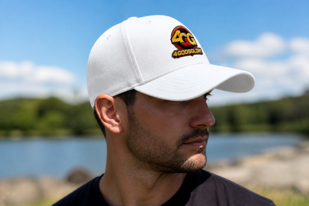 Person wearing a well-fitted baseball cap outdoors in natural sunlight, showing proper fit with visible sweatband, structured brim from side angle, and quality stitching detail
