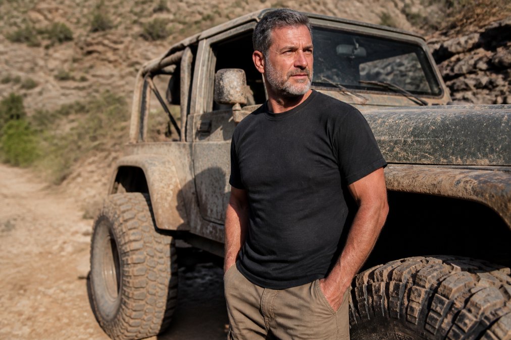 A male off-road enthusiast in his 40s wearing a dark heavyweight cotton t-shirt, standing beside a mud-covered 4x4 truck on a rocky trail, dusty afternoon light, looking confident and trail-ready