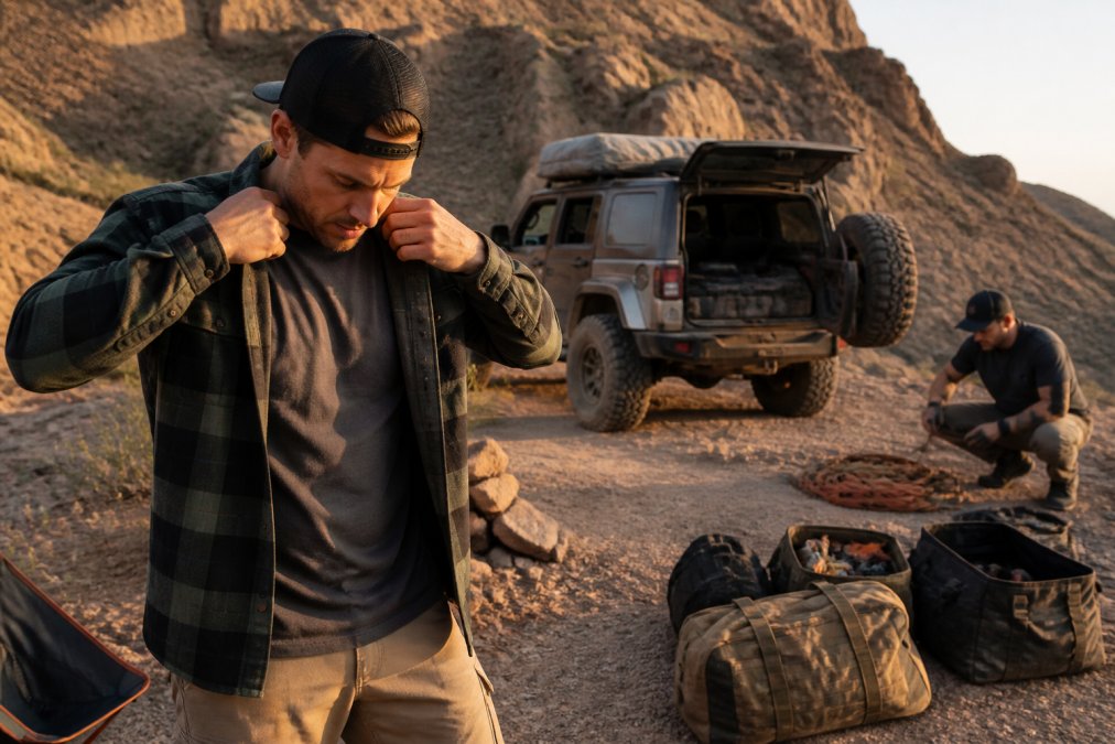 Two overlanders at a dusty desert campsite, one layering a flannel shirt over a heavyweight tee, modified Jeep and recovery gear visible in the background, warm golden hour light